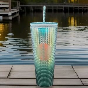 Starbucks Iridescent Teal-Aqua Gradient Textured Cold Cup with Straw